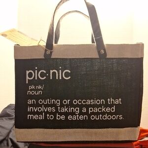 Designer Black Tote Bag 12.5x9.5x5 Woven Fabric with Genuine Leather Handles.